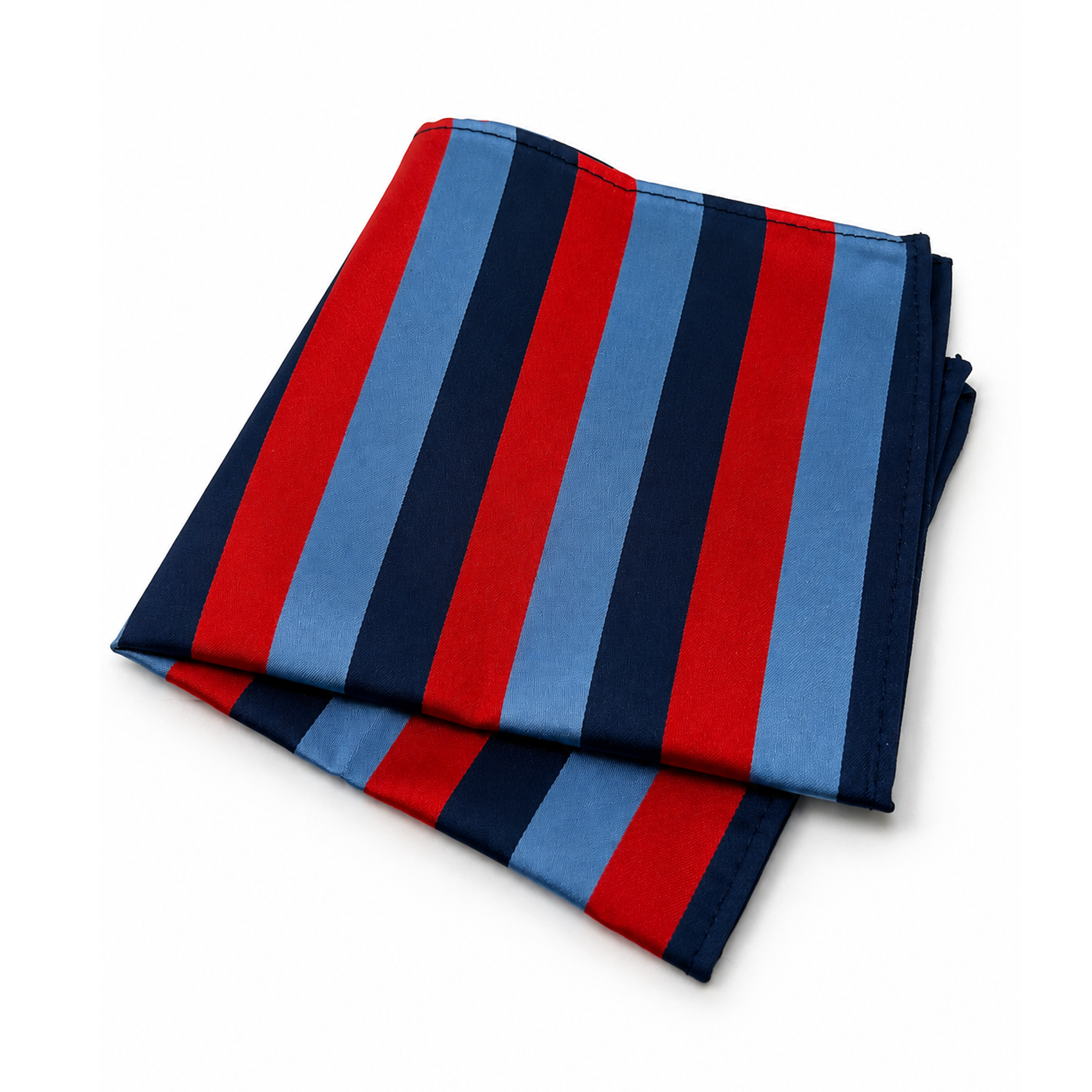Folded fabric with red and blue horizontal stripes on a white background