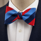 UGLE One Journey Masonic silk self-tie bow tie in red, navy and light blue on mannequin