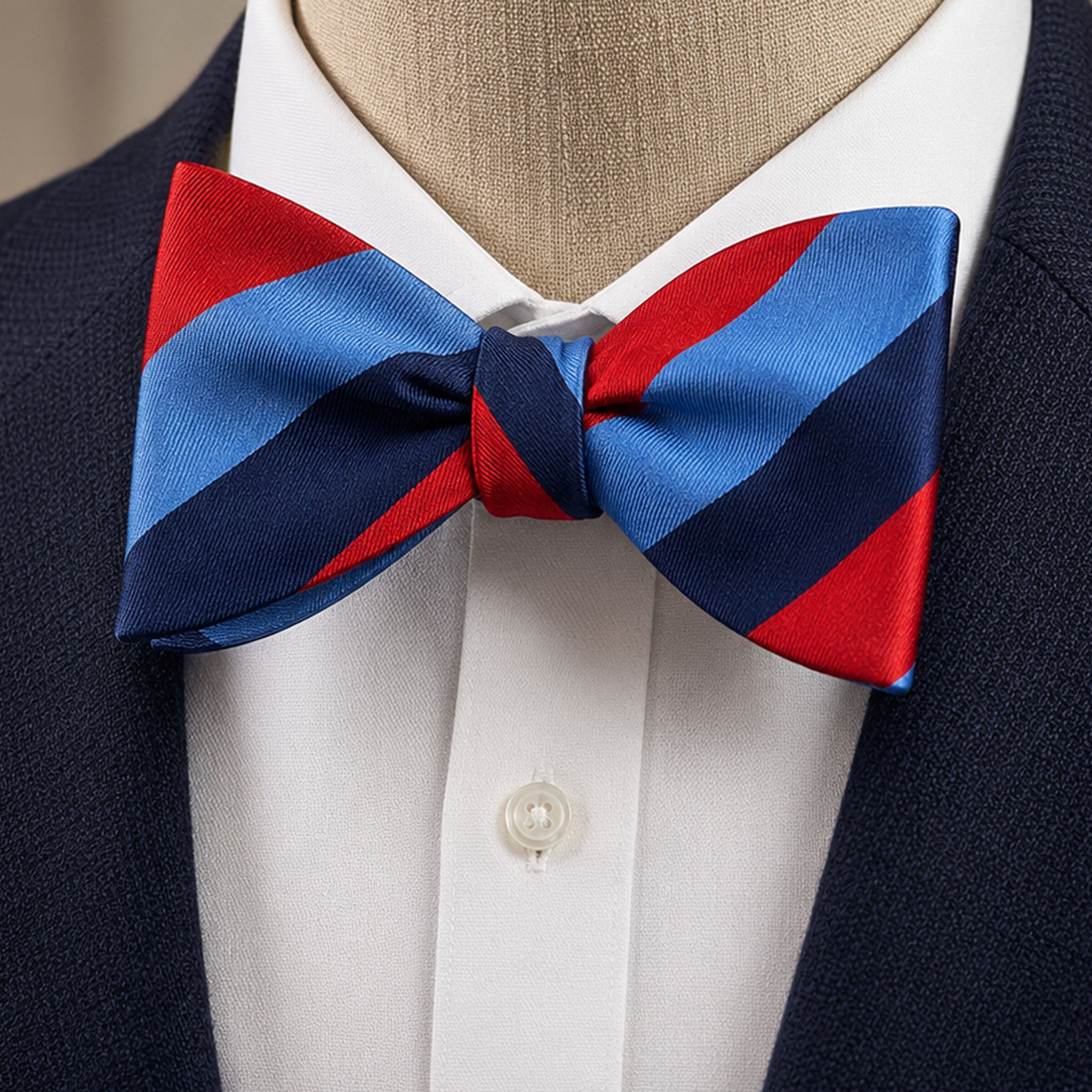 UGLE One Journey Masonic silk self-tie bow tie in red, navy and light blue on mannequin