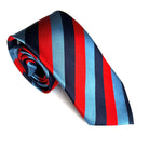 Striped rolled tie with red, light blue, and navy colors on a white background