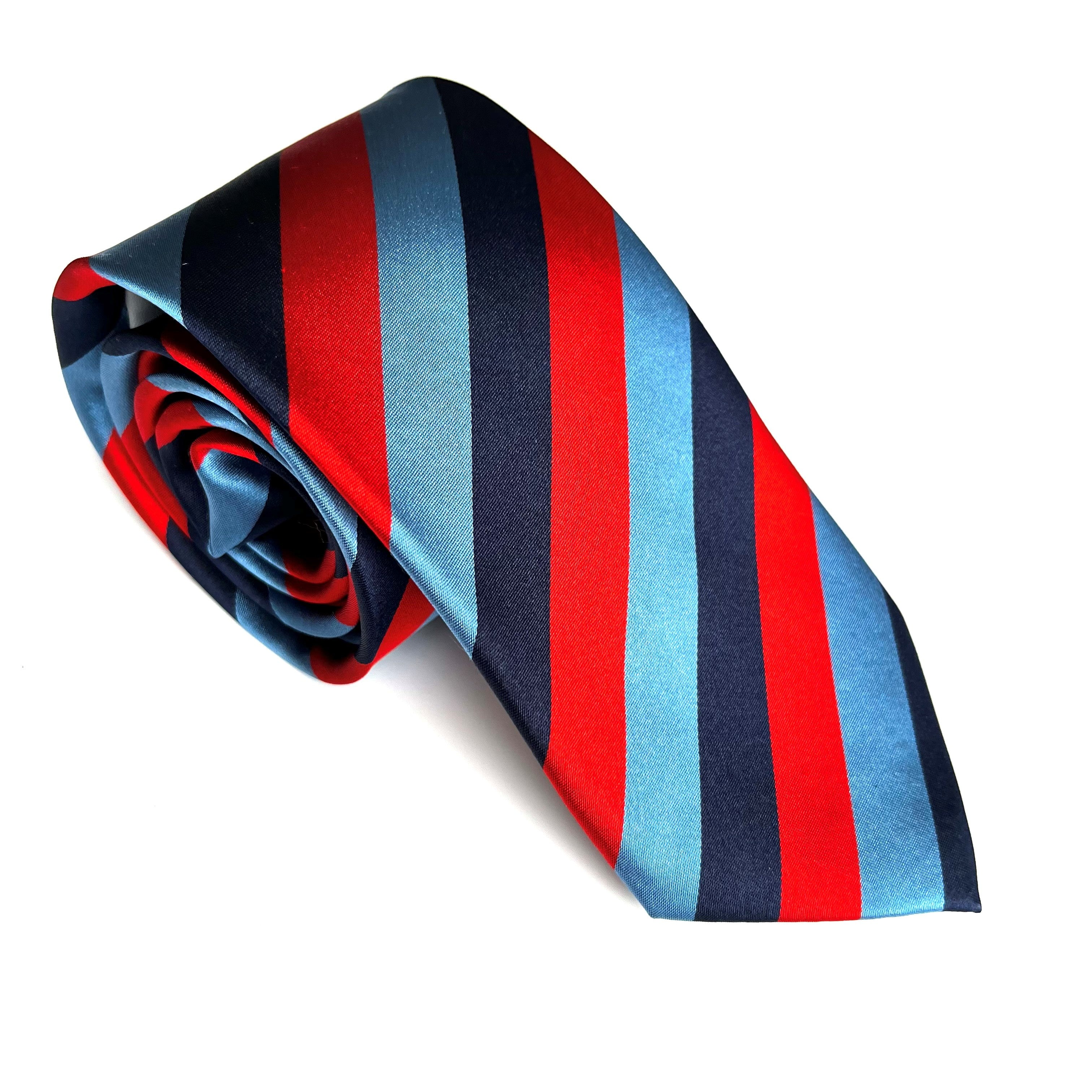 Striped rolled tie with red, light blue, and navy colors on a white background