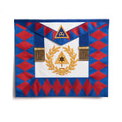 A Masonic Supreme Grand Chapter Rank Apron featuring a geometric pattern with red diamonds, adorned with gold-colored rank insignia and a central emblem.