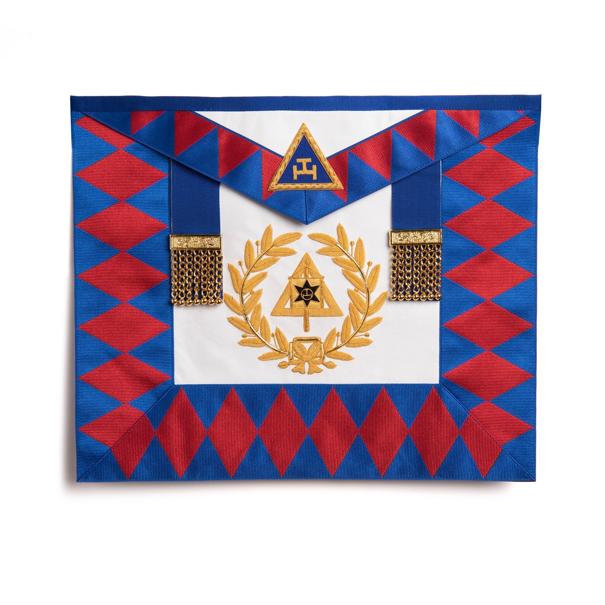 A Masonic Supreme Grand Chapter Rank Apron featuring a geometric pattern with red diamonds, adorned with gold-colored rank insignia and a central emblem.