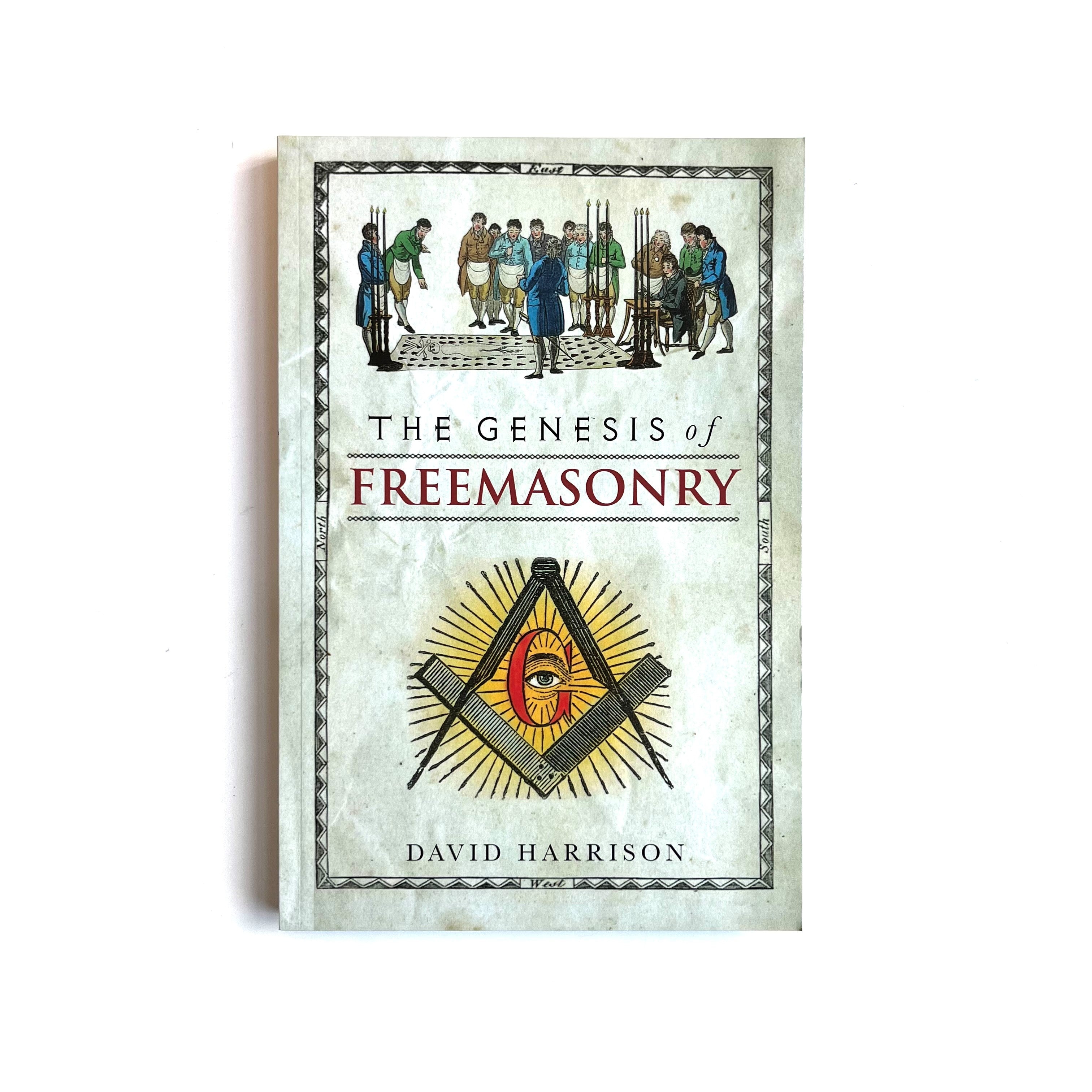 The cover of the book 'The Genesis of Freemasonry' by David Harrison features an illustration of an old book, and several small figures in a lodge setting.