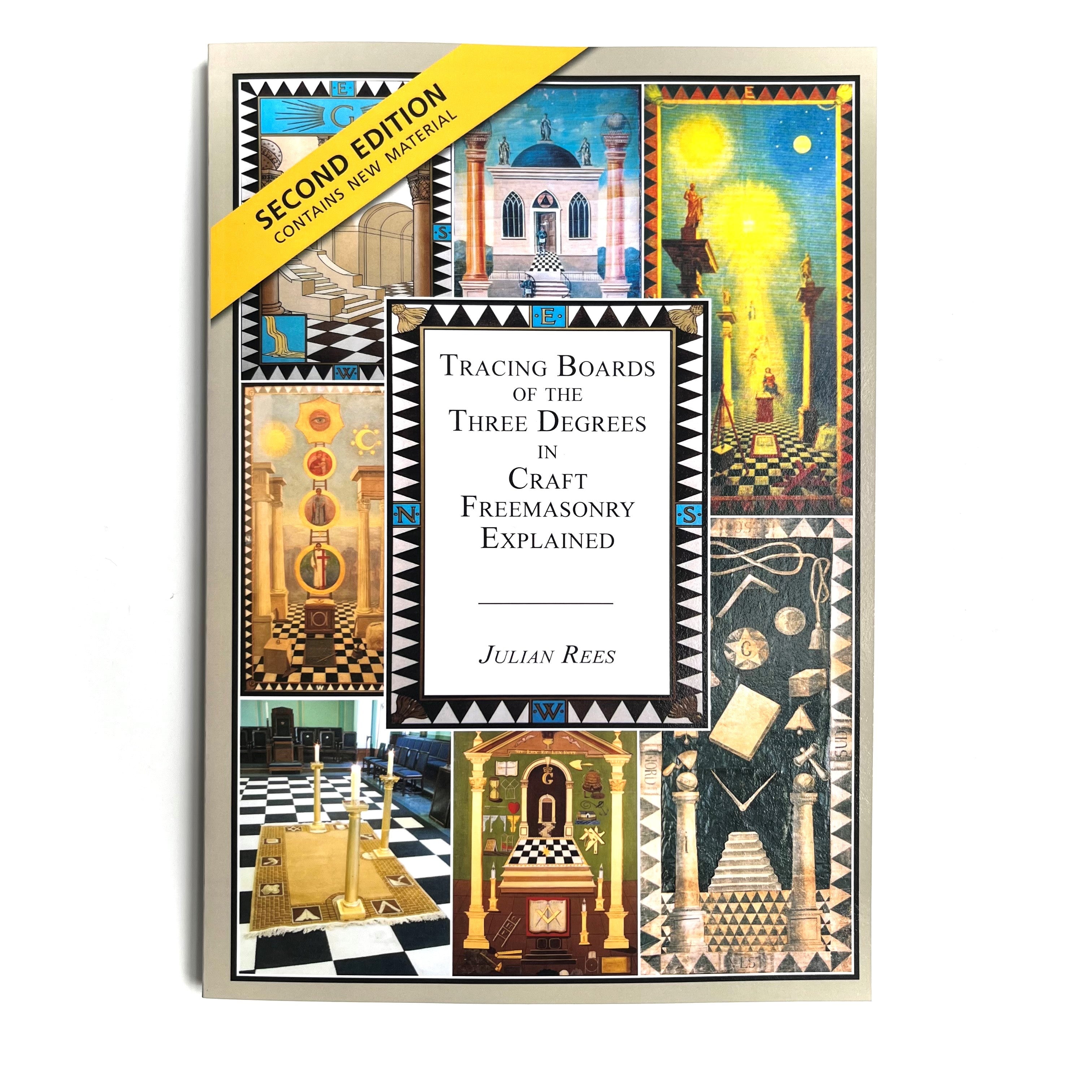 A book cover of 'Tracing Boards of the Three Degrees' by Julian Rees, featuring illustrations of Masonic symbols and structures.