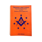 A cover of a book titled 'Travelling Light' featuring a orange background with blue stars and Masonic symbols.