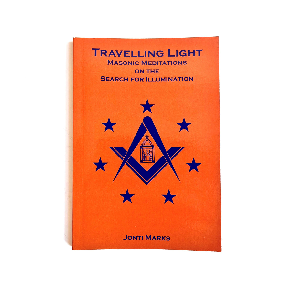 A cover of a book titled 'Travelling Light' featuring a orange background with blue stars and Masonic symbols.