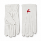 Masonic white cotton gloves with red Royal Arch Triple Tau embroidery, Freemason lodge regalia gloves