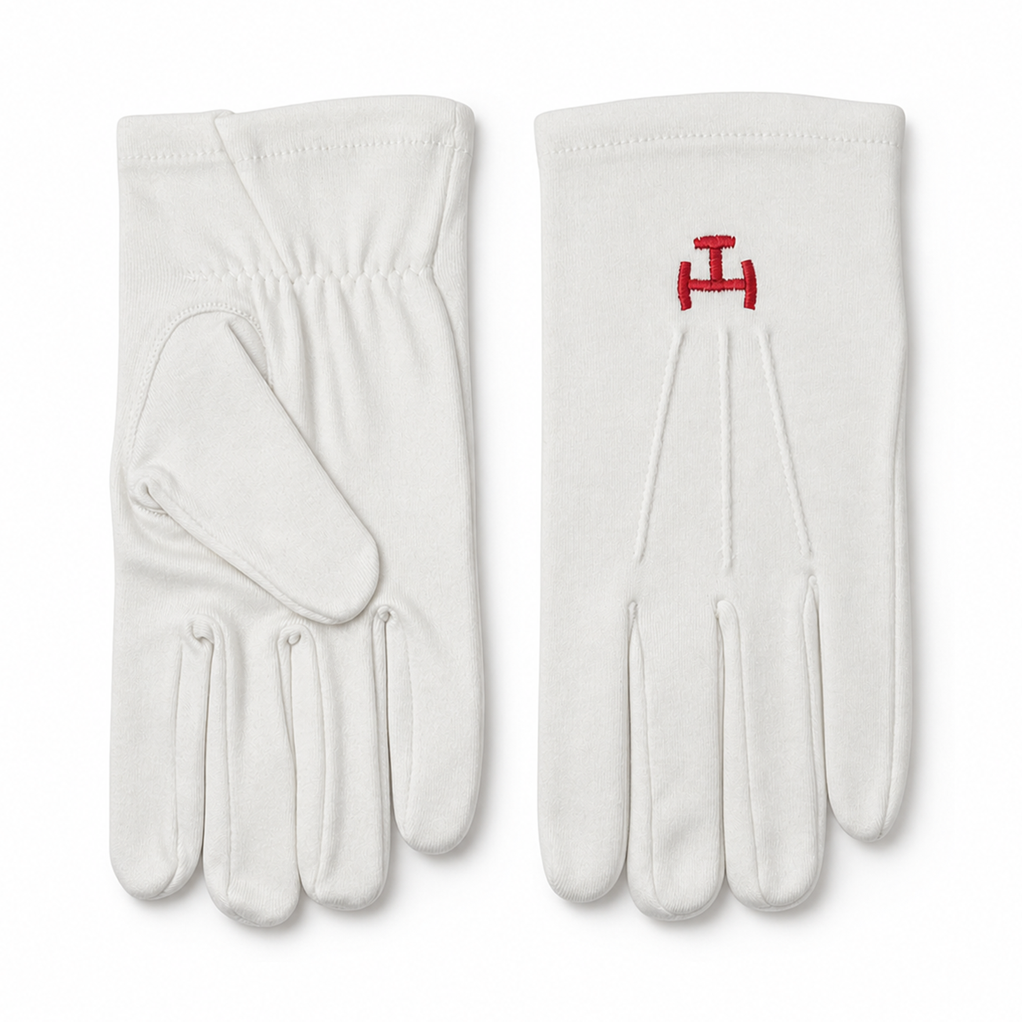 Masonic white cotton gloves with red Royal Arch Triple Tau embroidery, Freemason lodge regalia gloves