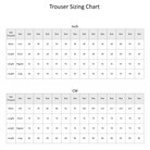 Trouser size chart, in cm and inches.