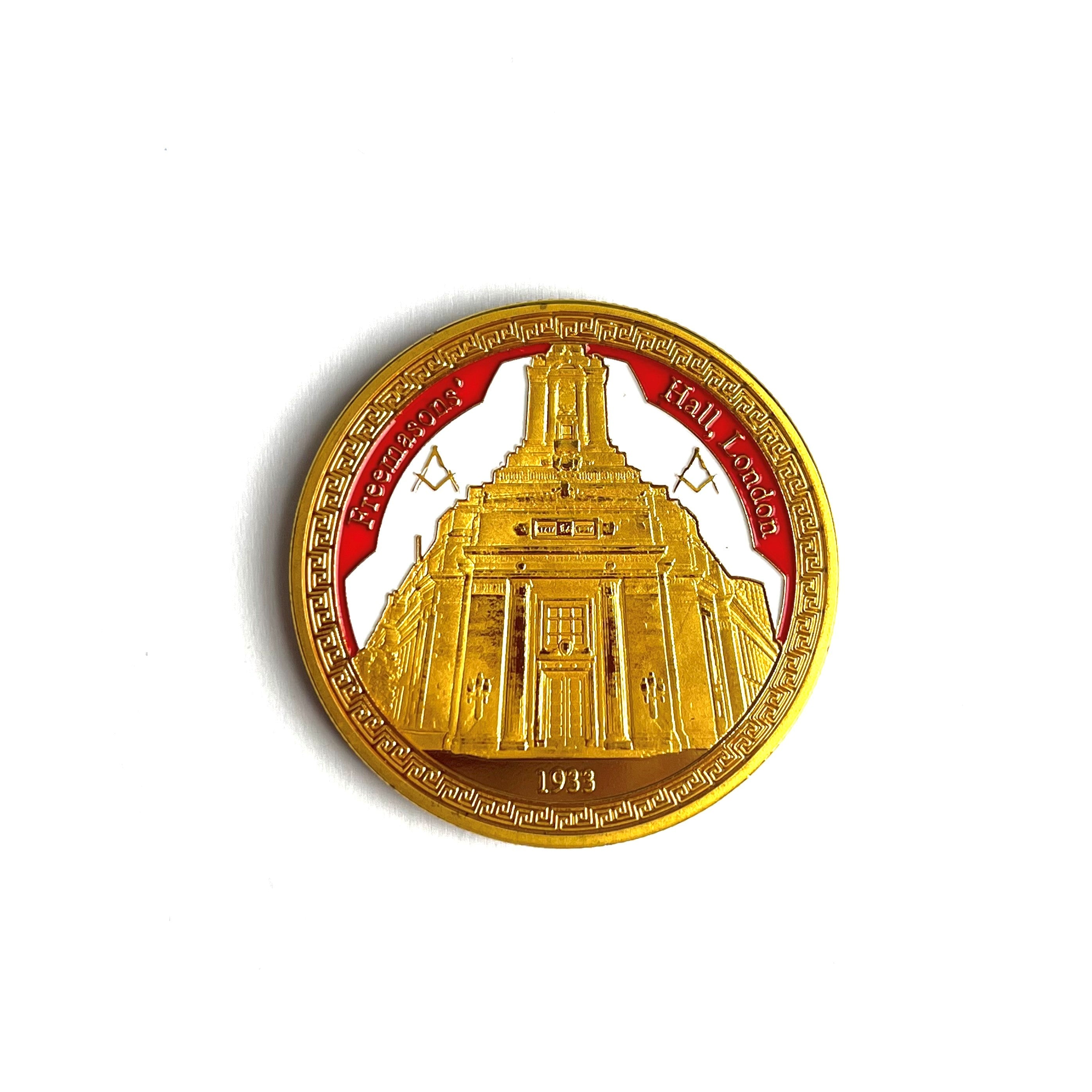 UGLE Gold Coin Front, showing Freemasons' Hall London