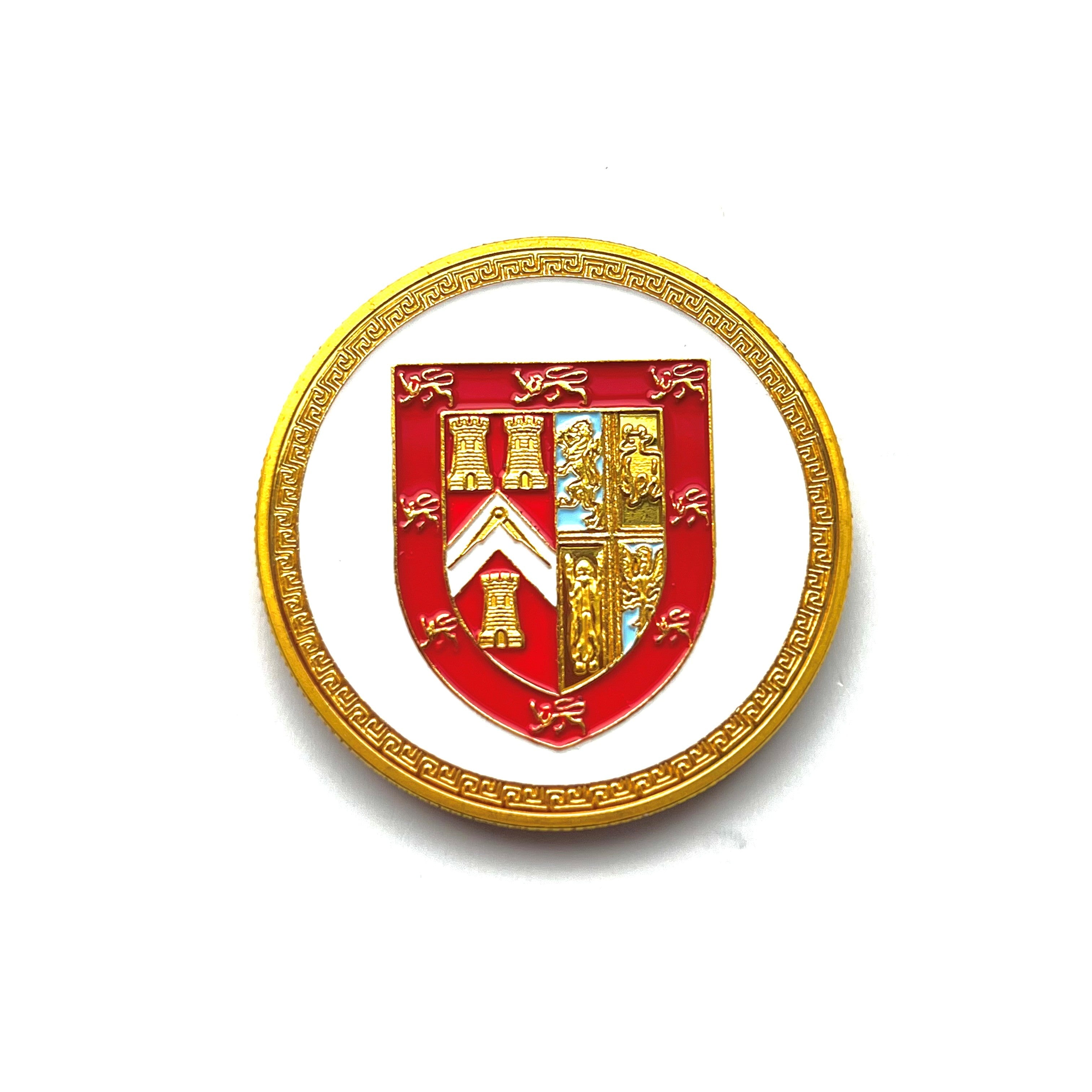 UGLE Gold Coin with crest in gold and red white a white background.
