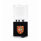 An enamel pin with the United Grand Lodge of England Coat of Arms, featuring red, gold, and blue colours with intricate detailing inside presentation box.