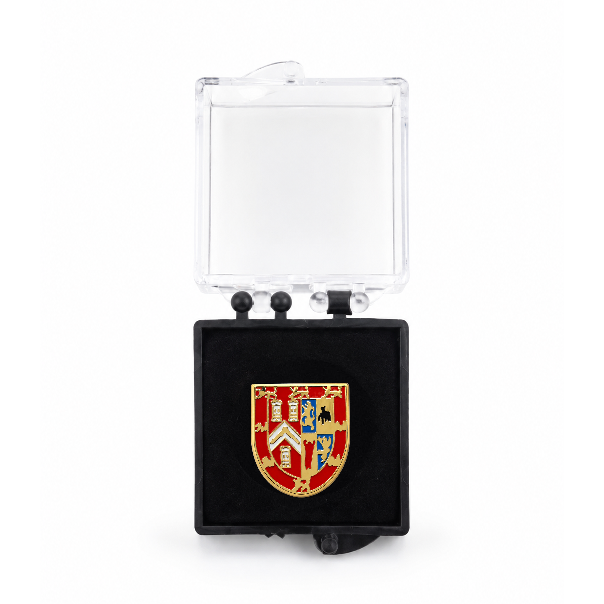 An enamel pin with the United Grand Lodge of England Coat of Arms, featuring red, gold, and blue colours with intricate detailing inside presentation box.