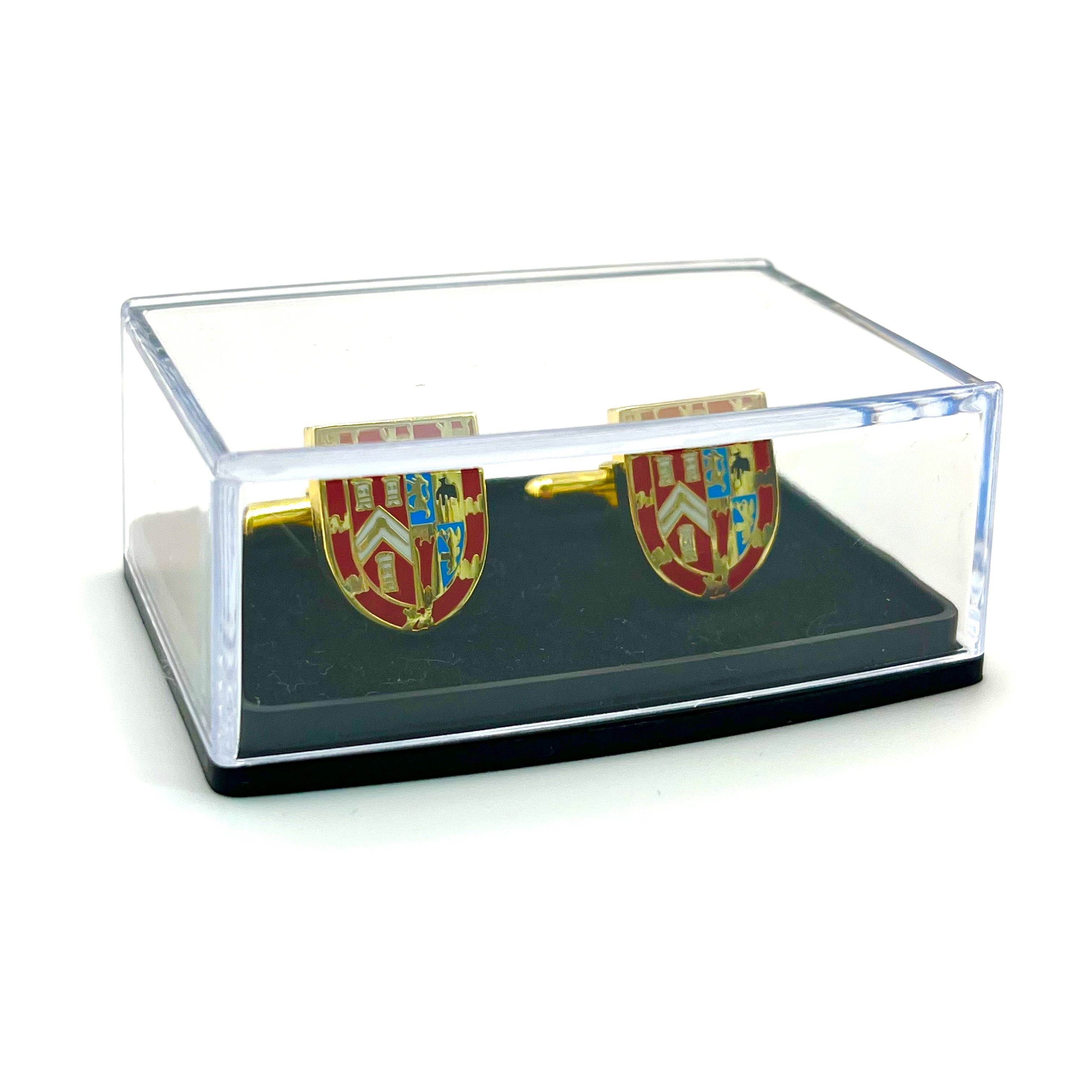 Cufflinks with UGLE coat of arms design in a clear gift box on a white background