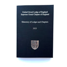 Black book titled 'Directory of Lodges and Chapters' from United Grand Lodge of England, silver coloured on a black background