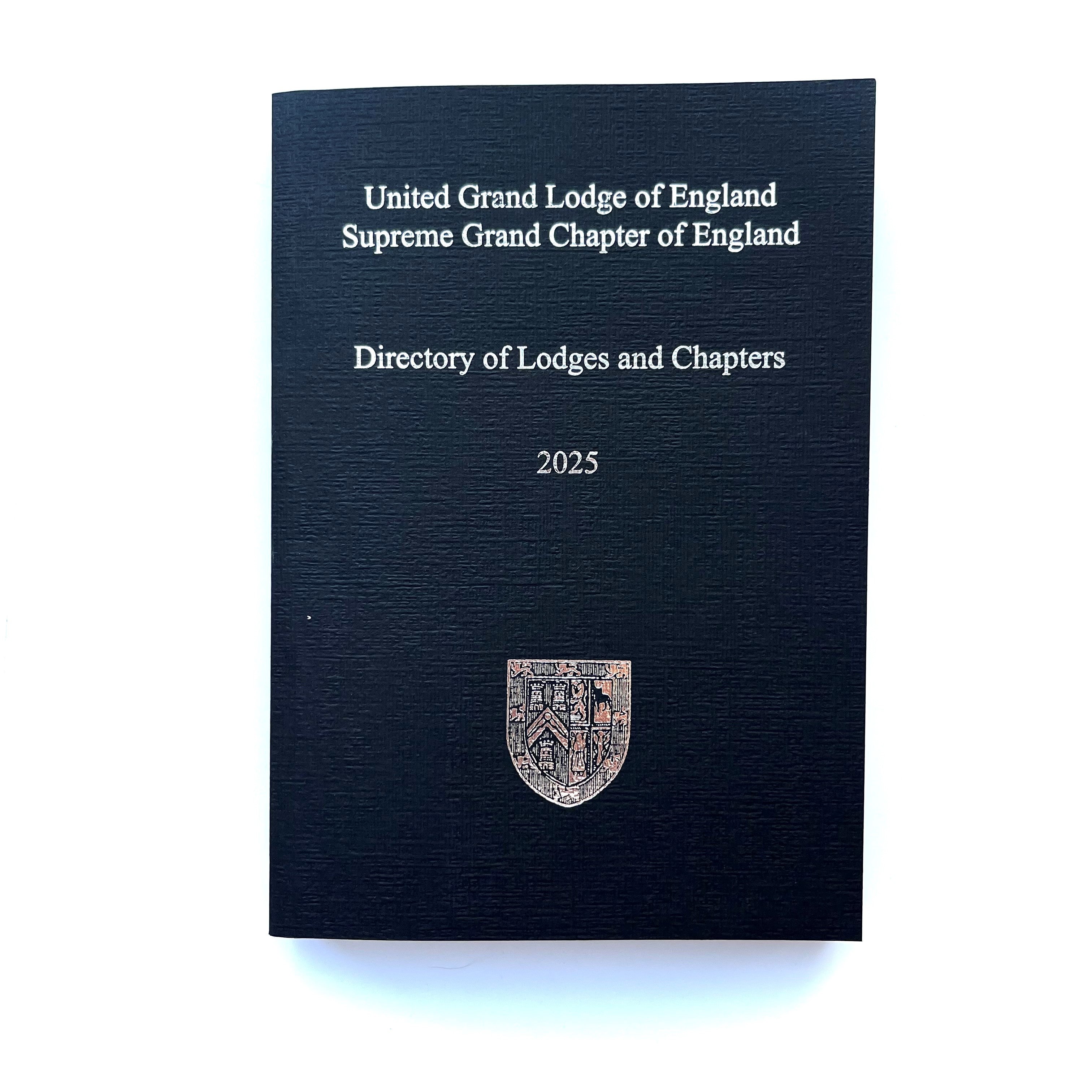 Black book titled 'Directory of Lodges and Chapters' from United Grand Lodge of England, silver coloured on a black background