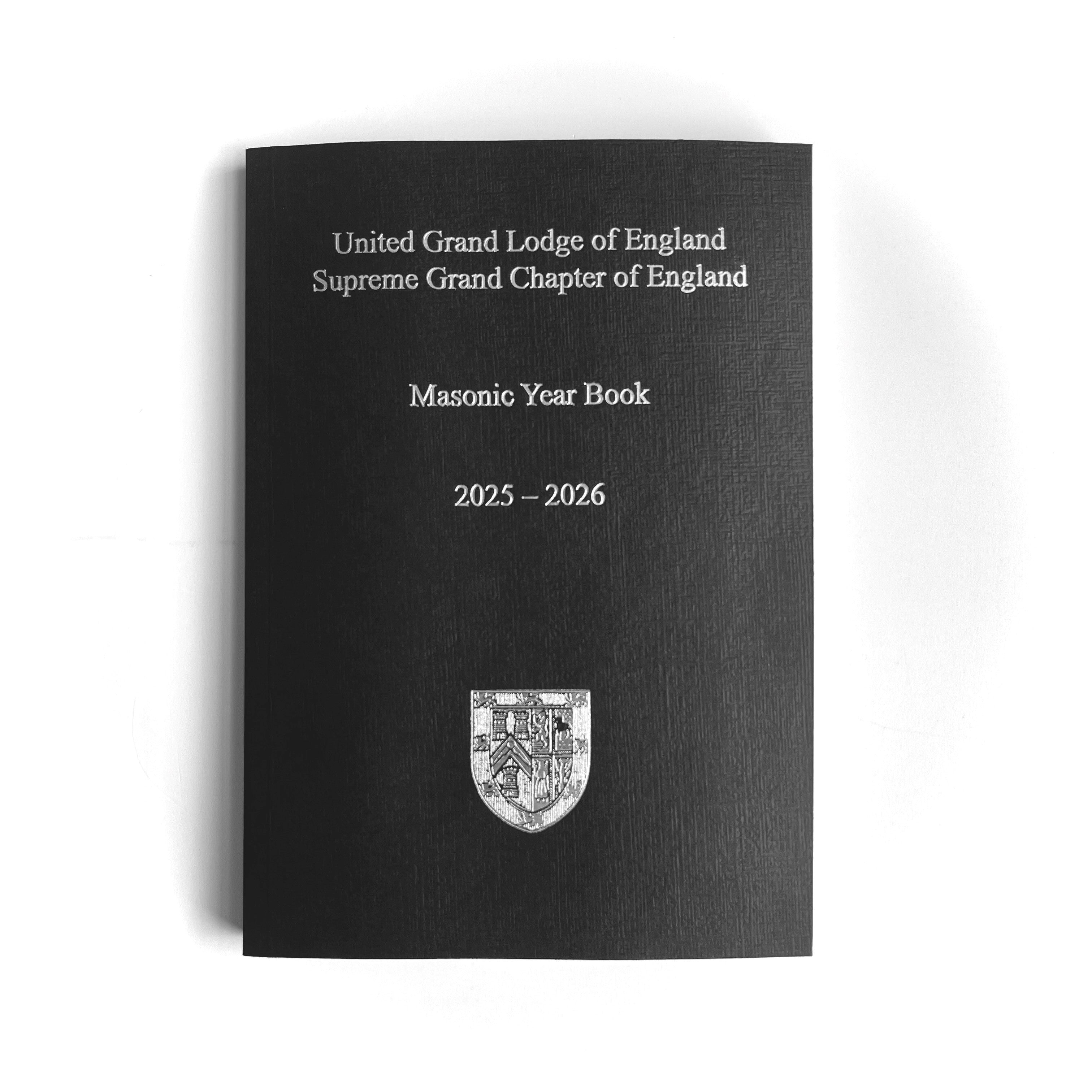 Black Masonic Year Book for United Grand Lodge of England with silver coloured texr and creast on a black background.