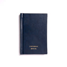 A closed navy-colored book with the title 'UNIVERSAL RITUAL' embossed on the cover.