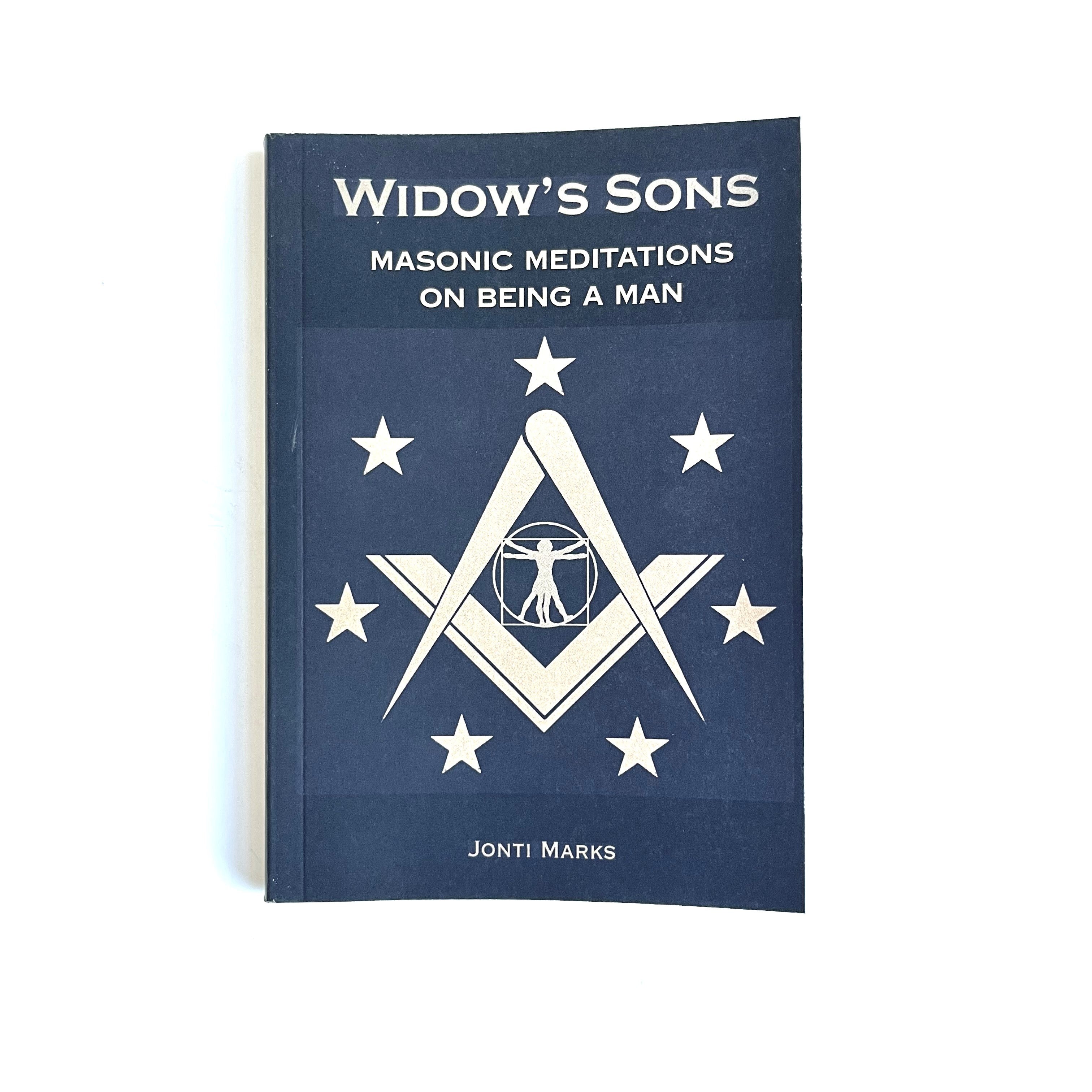 A book titled 'Widow's Sons' with a blue cover featuring a white Masonic symbol and stars.