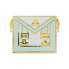 A gold, l;ight blue and white-coloured lapel pin depicting a Masonic Worshipful Master apron design.