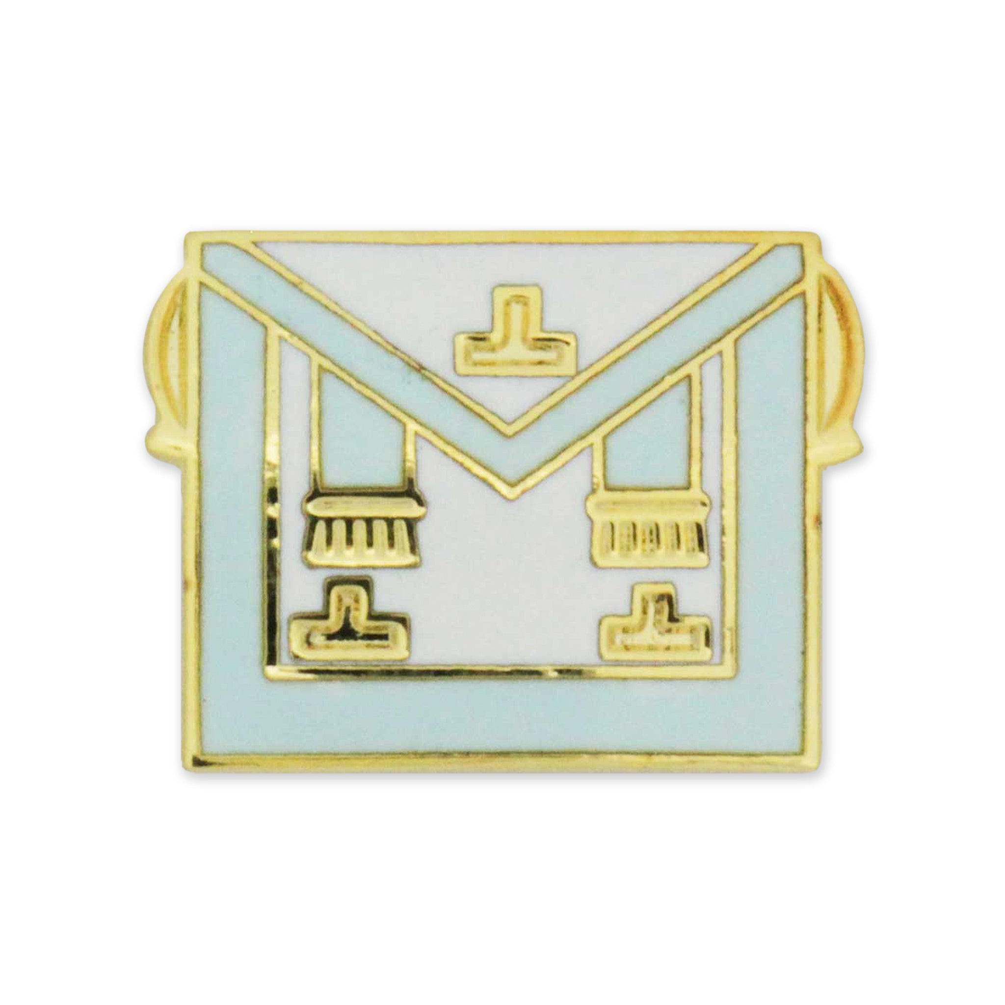 A gold, l;ight blue and white-coloured lapel pin depicting a Masonic Worshipful Master apron design.