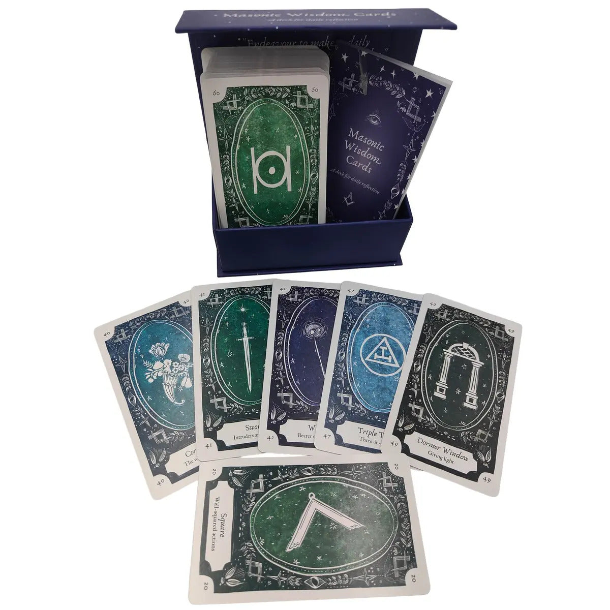 Magnetic Wisdom Cards deck in a dark blue box with several cards fanned out below, showing green, blue, and dark teal card backs with white symbols and text.