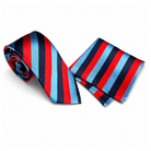 Striped rolled tie with red, light blue, and navy colors and same colour pattern pocket square